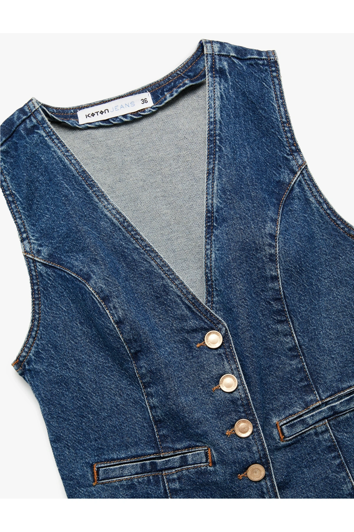 V Yaka Kolsuz Düğmeli Cep Detaylı Denim Yelek