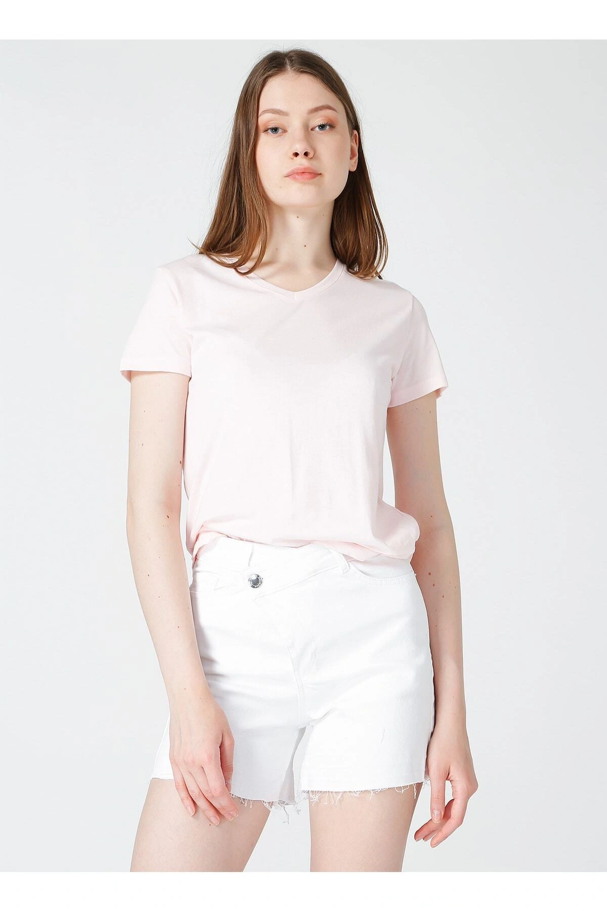 V Yaka Pembe Kadın T-shirt