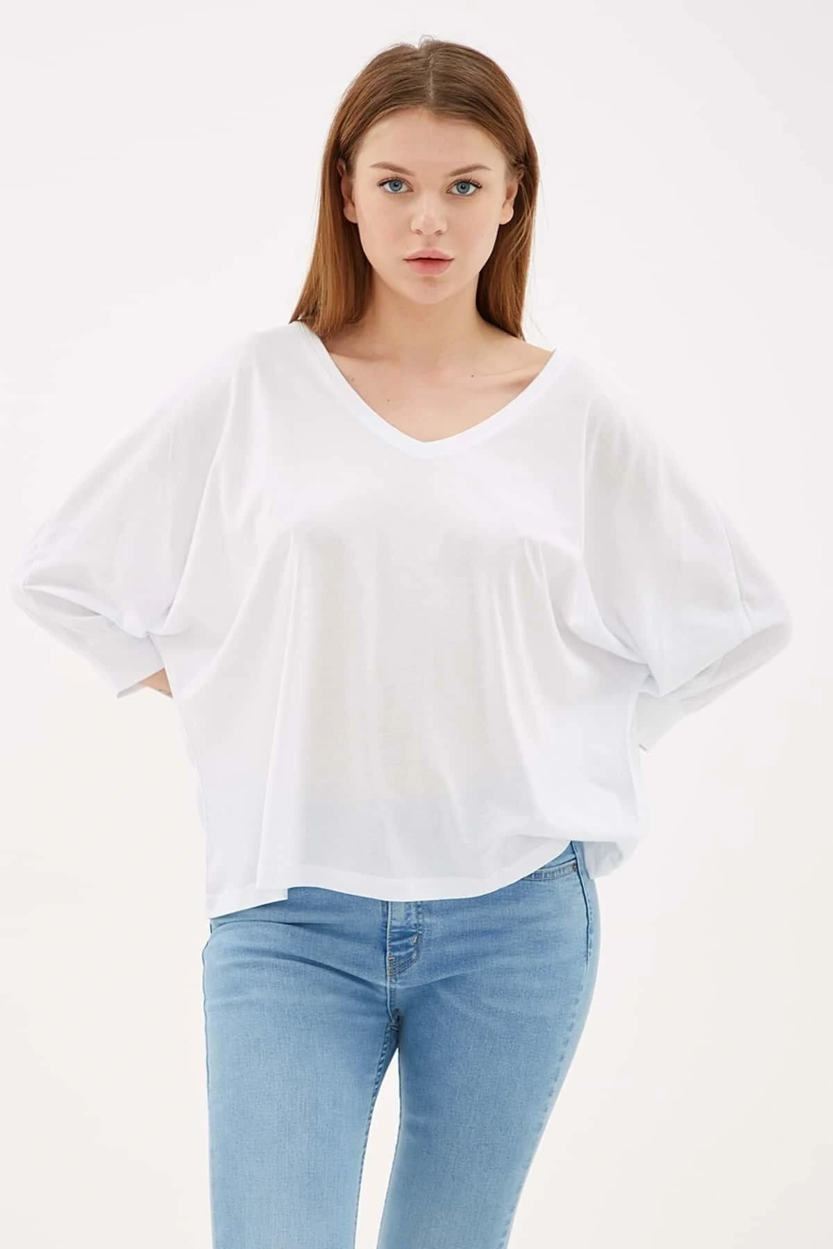 V Yaka Truvakar Kol Bluz Beyaz / White