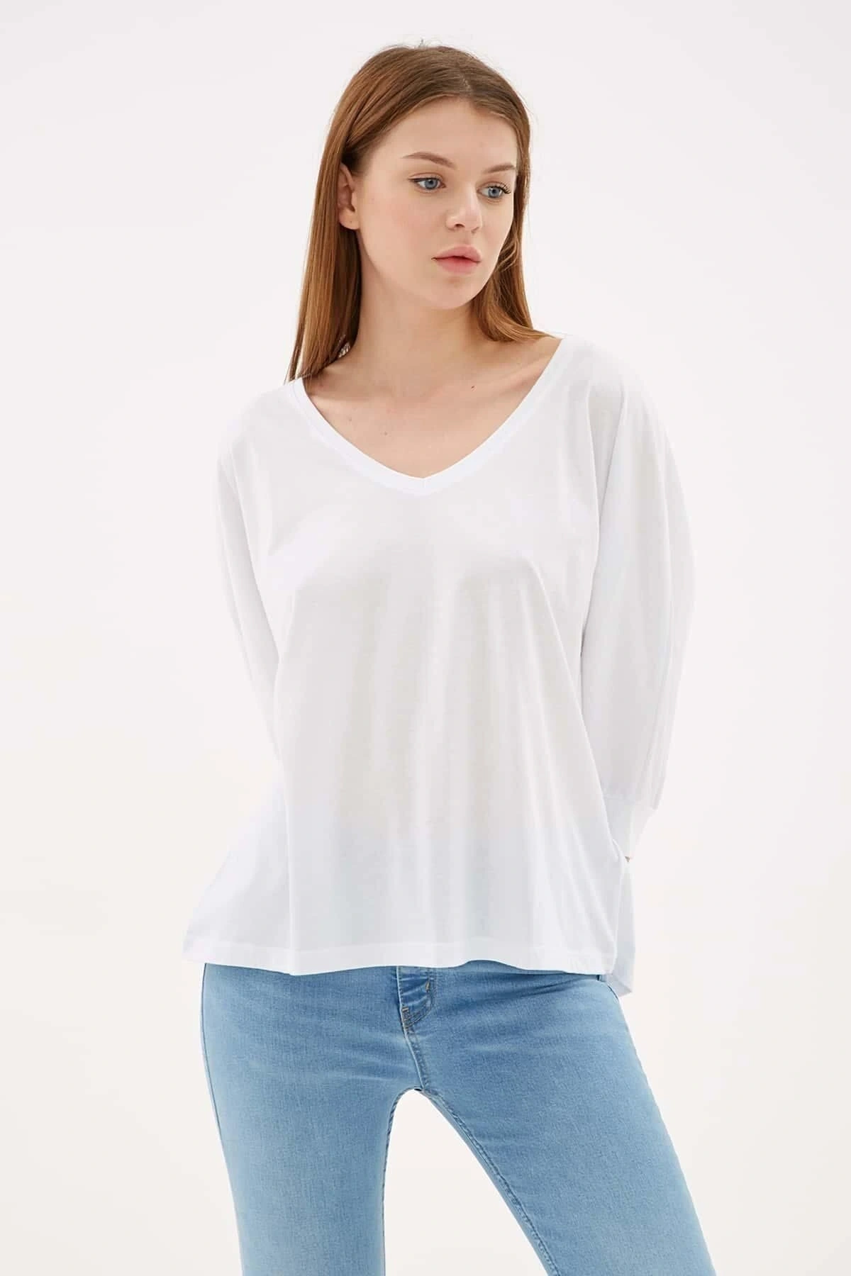 V Yaka Truvakar Kol Bluz Beyaz / White