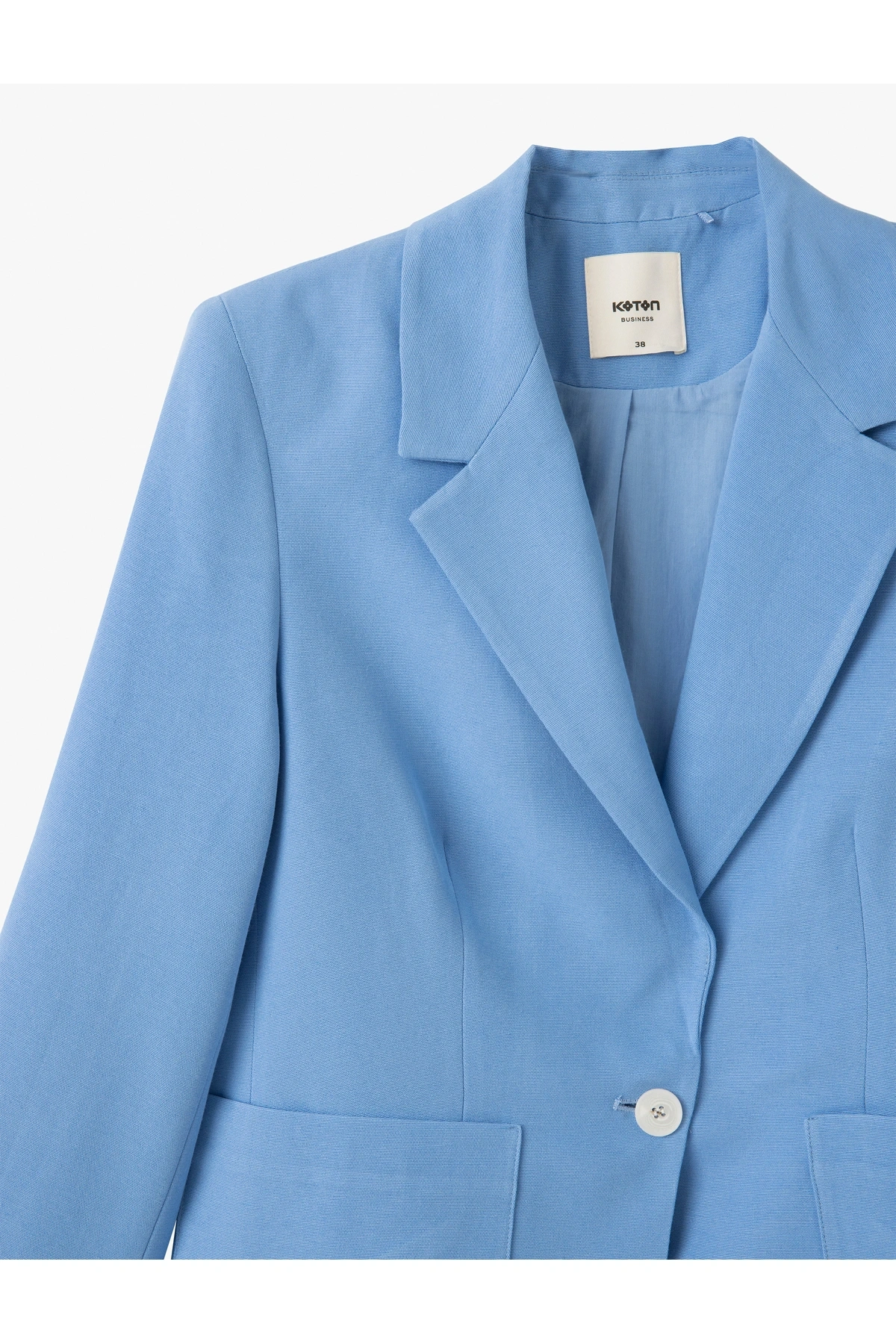 Viskon Keten Karışımlı Düğmeli Uzun Kollu Cepli Kruvaze Blazer Ceket