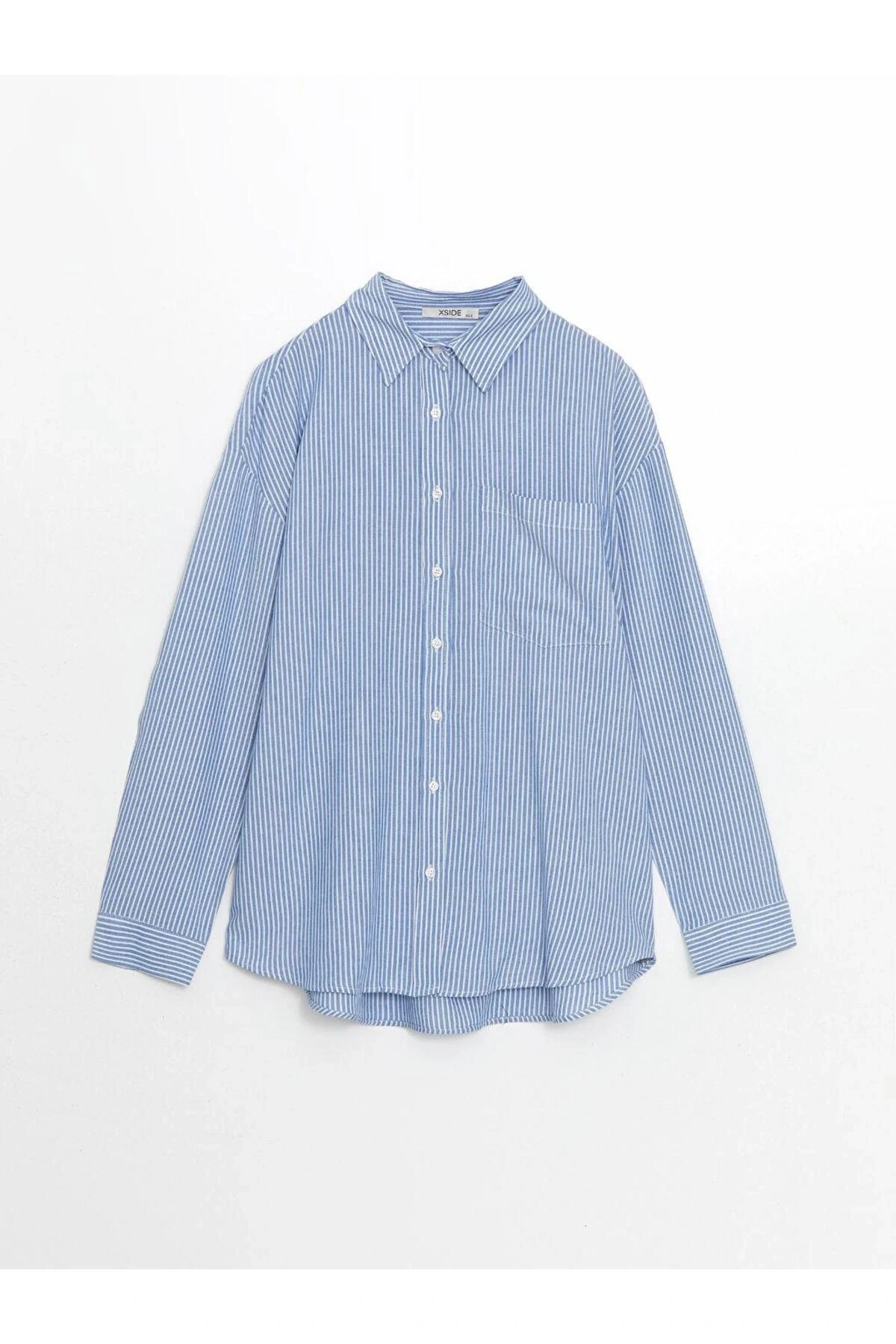 XSIDE Mavi Çizgili Keten Karışımlı Oversize Kadın Gömlek