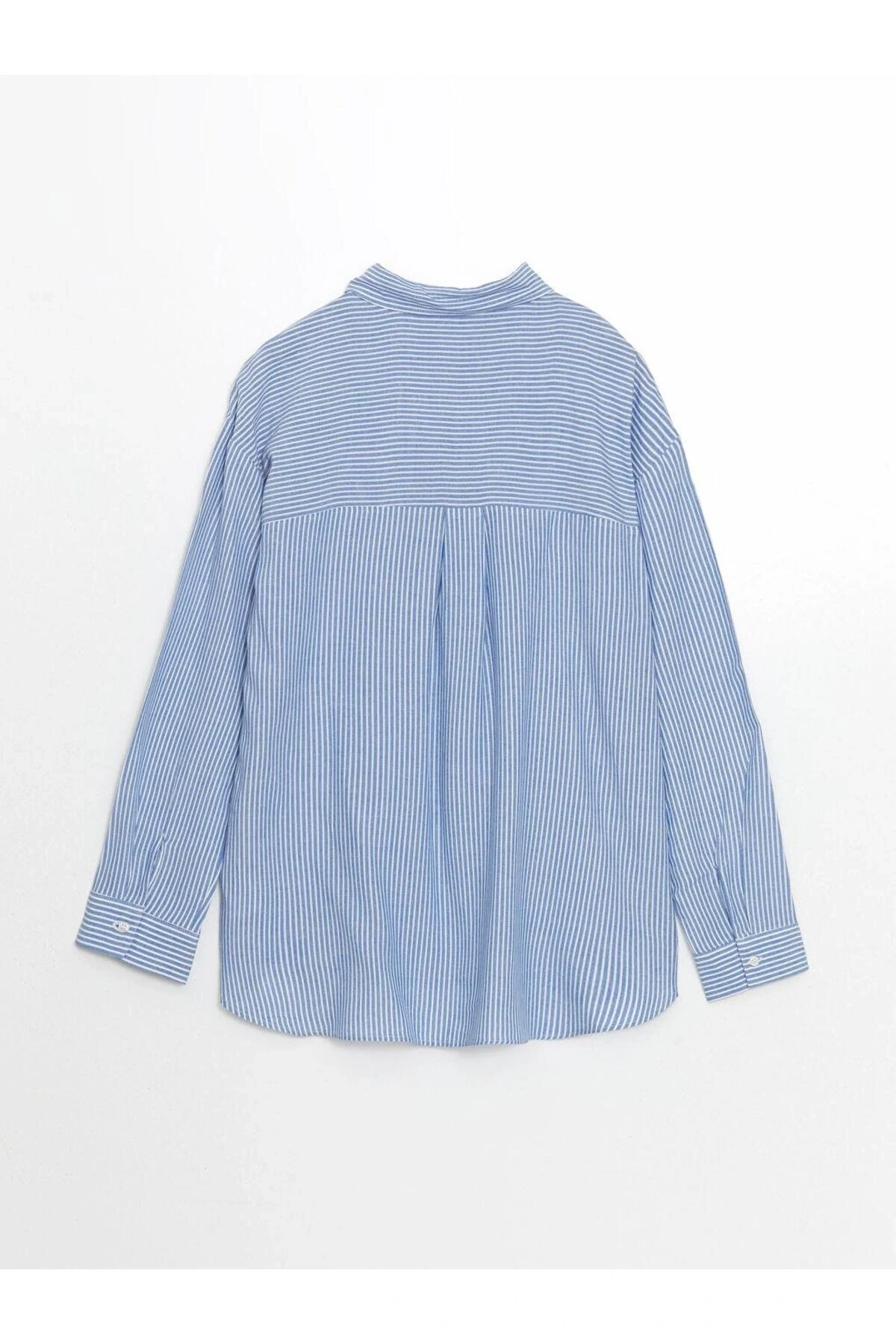 XSIDE Mavi Çizgili Keten Karışımlı Oversize Kadın Gömlek
