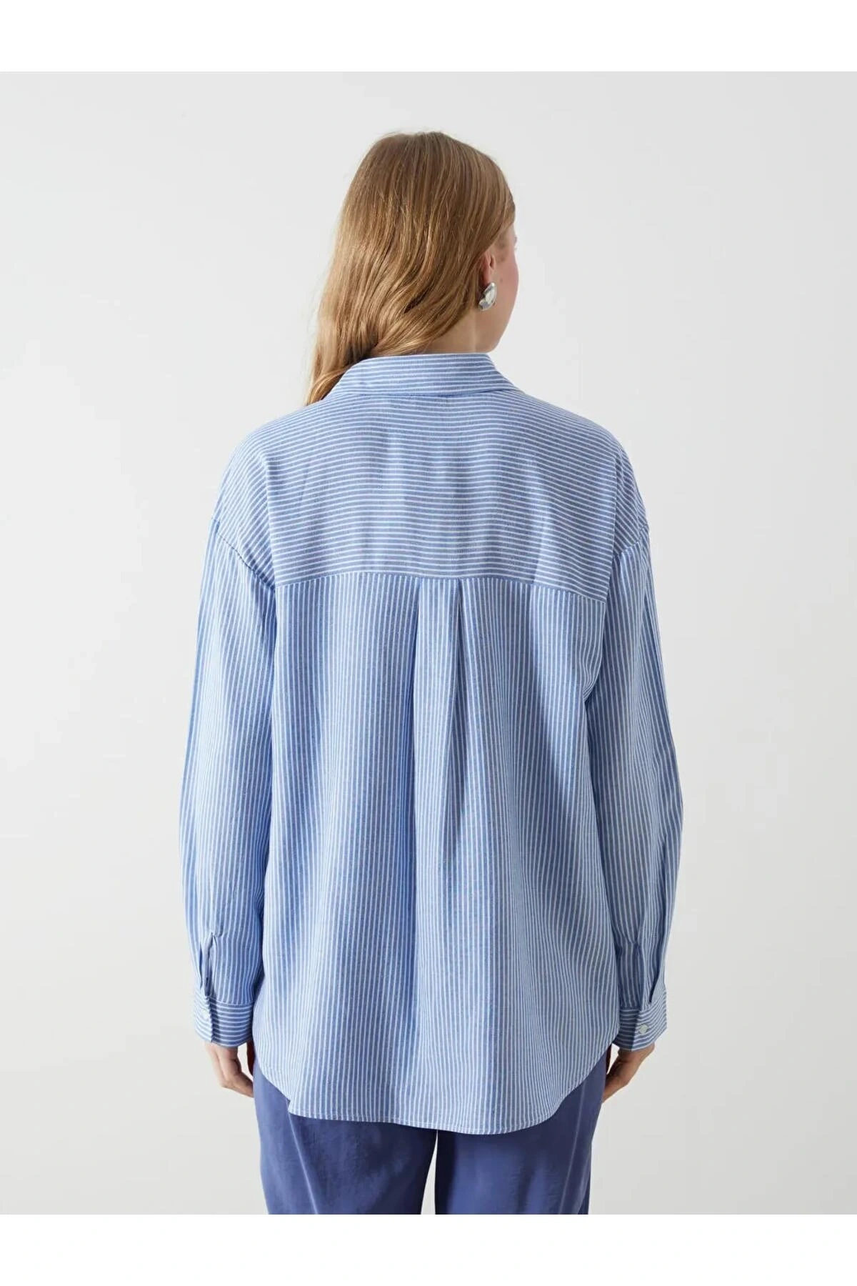 XSIDE Mavi Çizgili Keten Karışımlı Oversize Kadın Gömlek