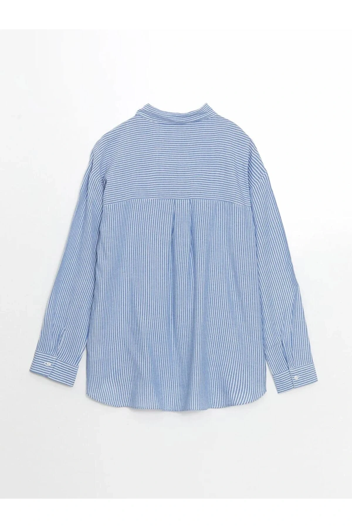 XSIDE Mavi Çizgili Keten Karışımlı Oversize Kadın Gömlek
