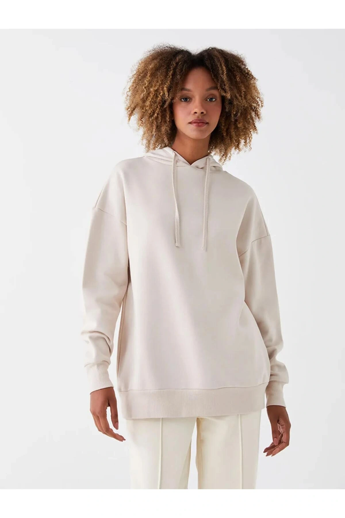 XSIDEBej Düz Oversize Kadın Kalın Hoodie