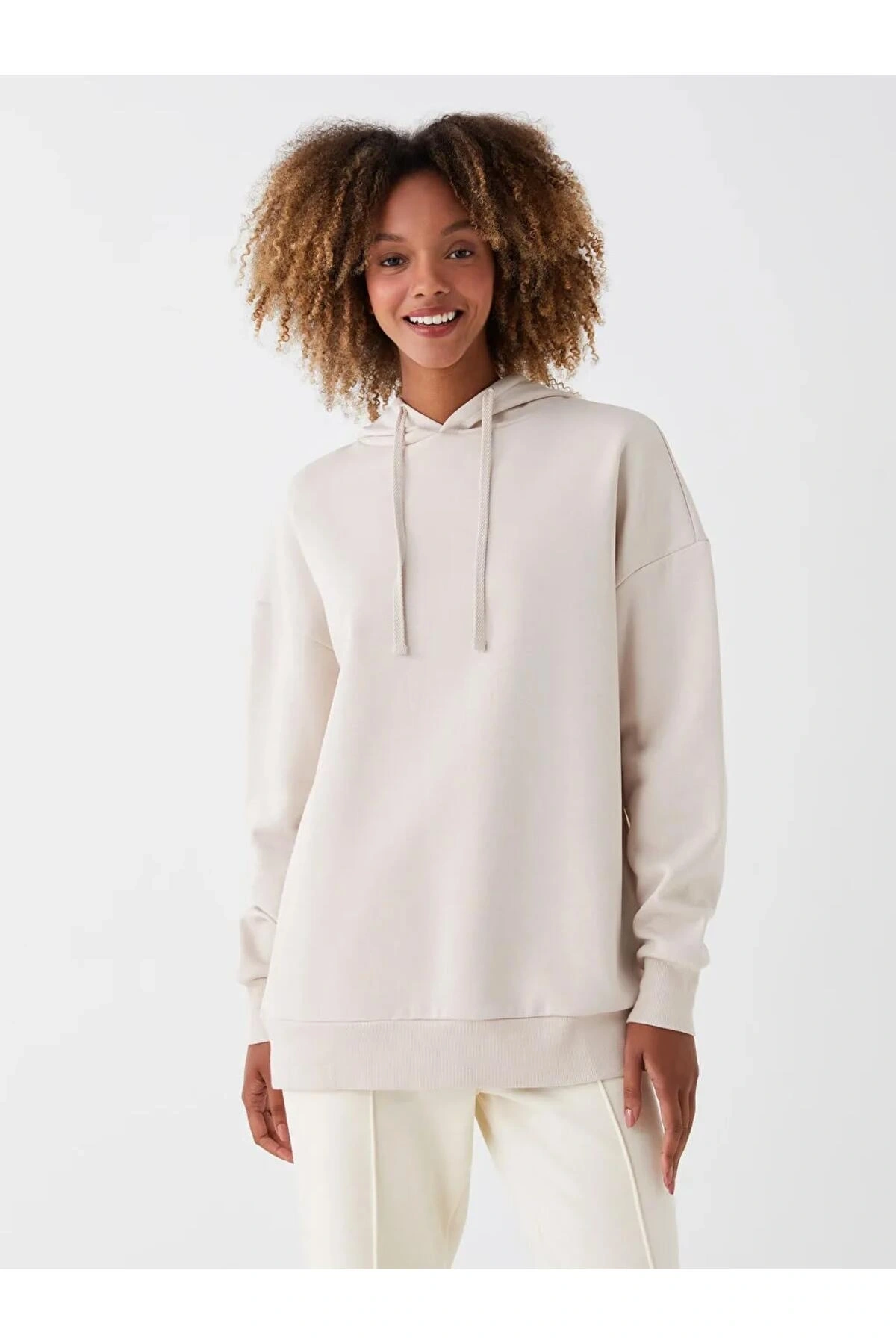 XSIDEBej Düz Oversize Kadın Kalın Hoodie