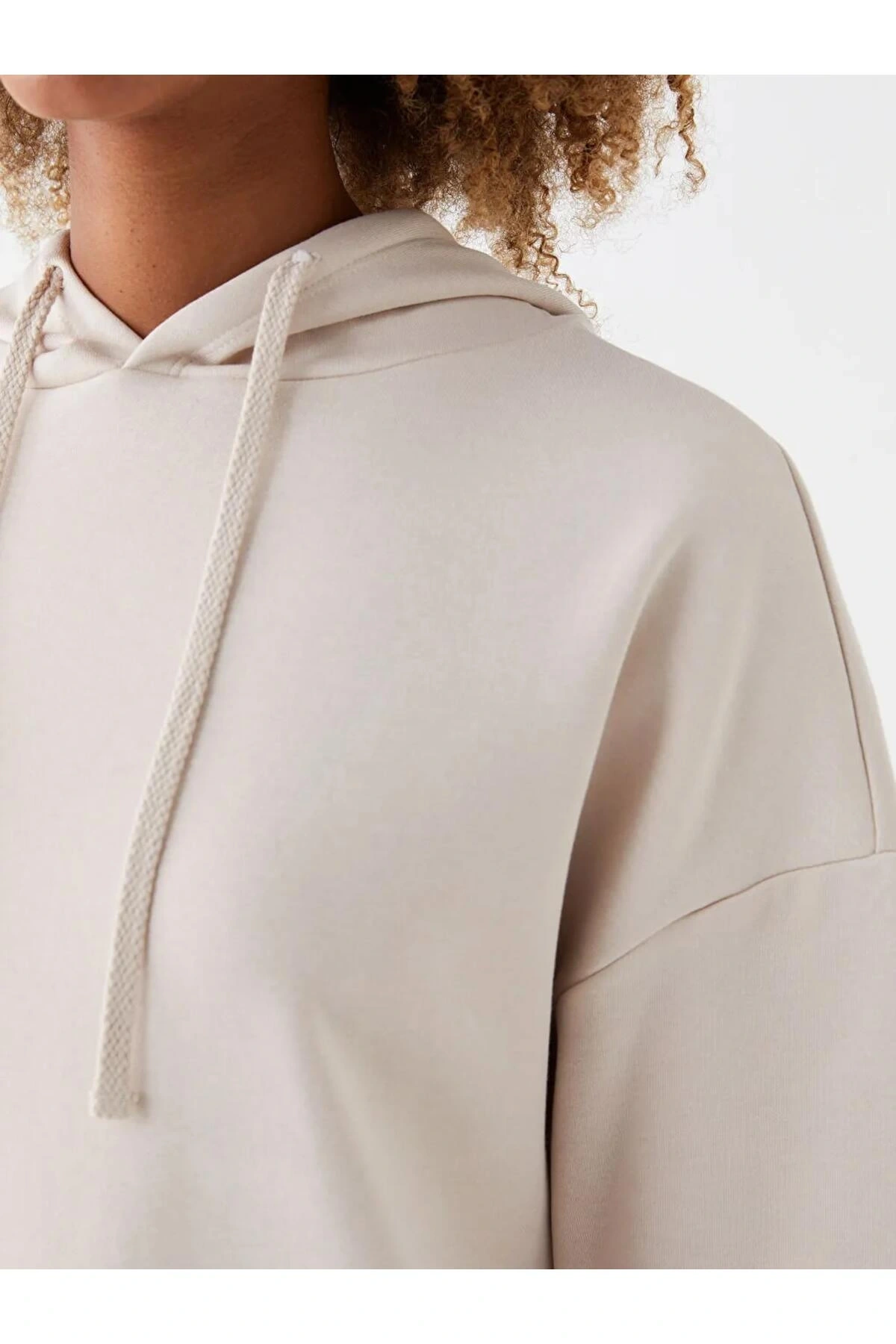 XSIDEBej Düz Oversize Kadın Kalın Hoodie