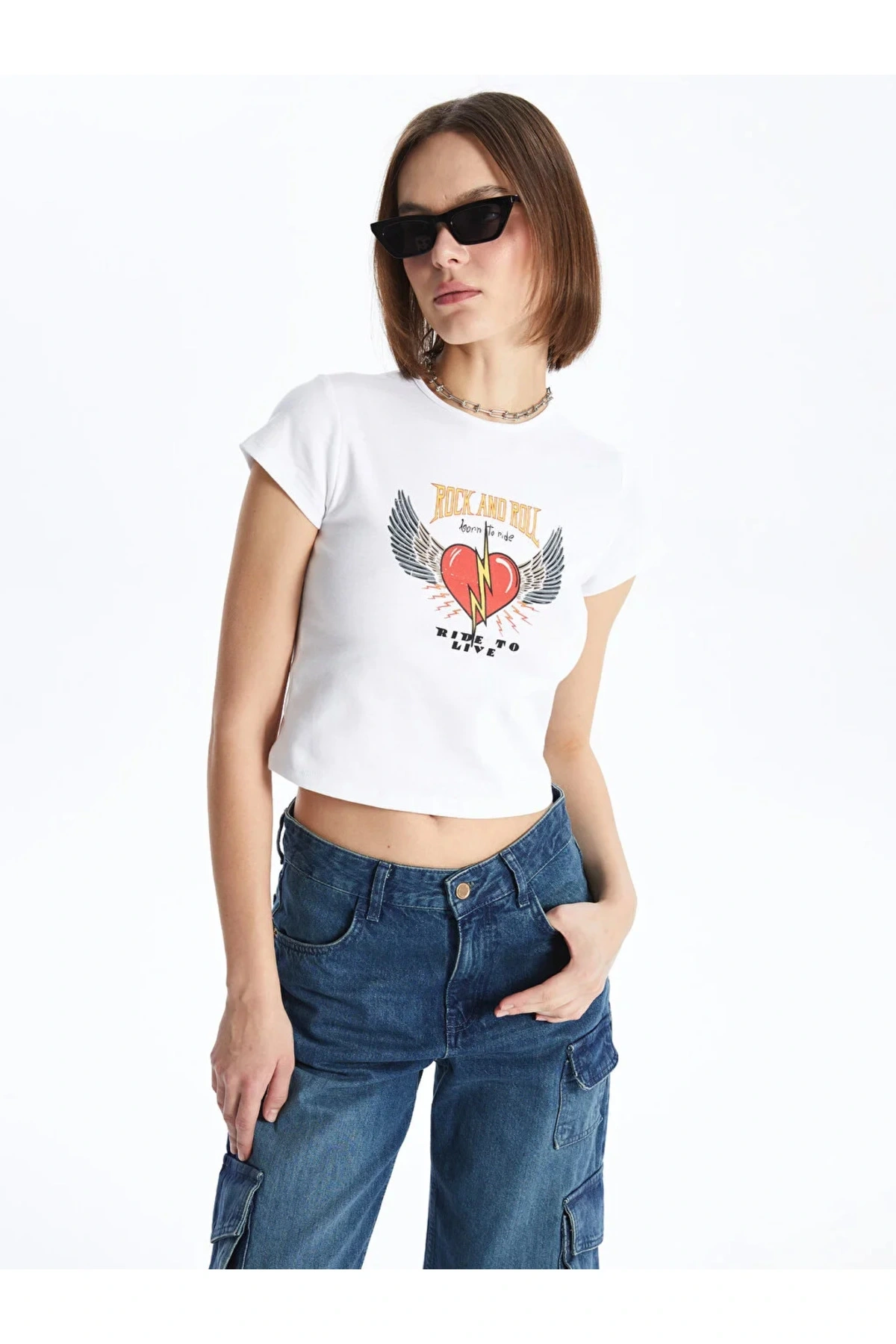XSIDE Bisiklet Yaka Baskılı Kısa Kollu Crop Kadın Tişört