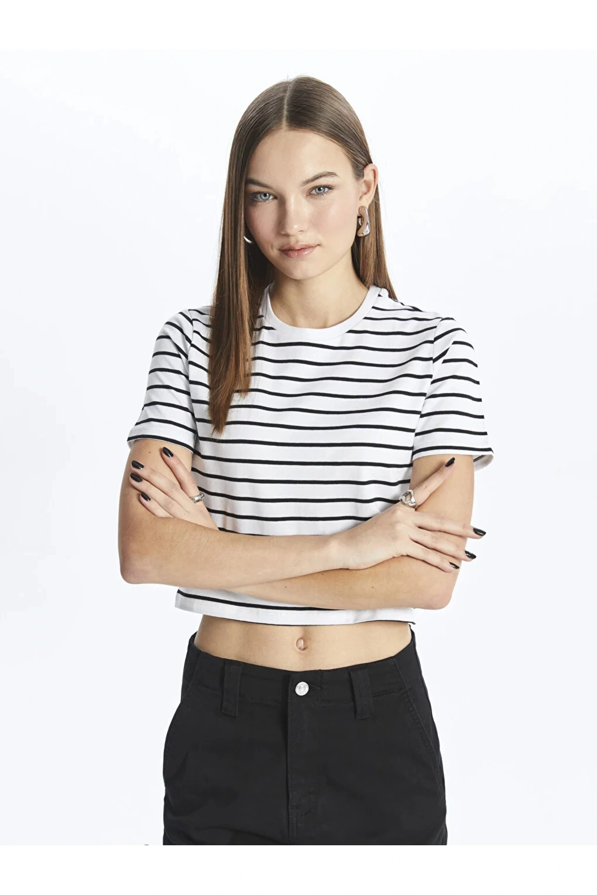 XSIDE Bisiklet Yaka Çizgili Kısa Kollu Kadın Crop