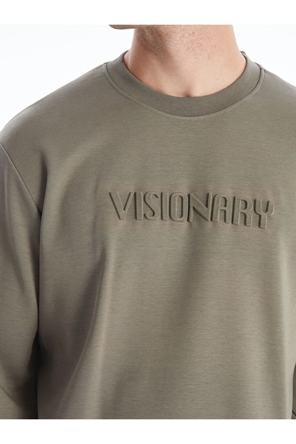 Yeşil Bisiklet Yaka Kabartmalı Erkek Sweatshirt