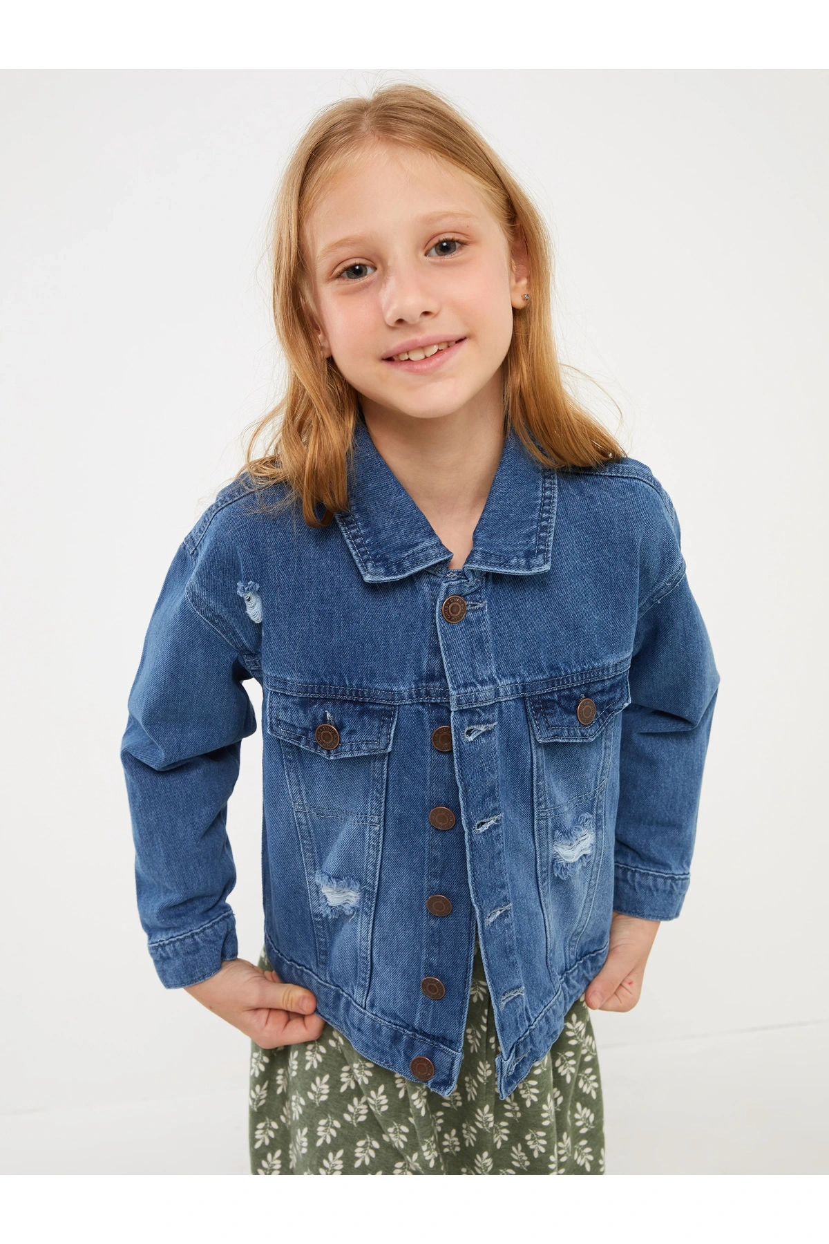 Yırtık Detaylı Kız Çocuk Jean Ceket