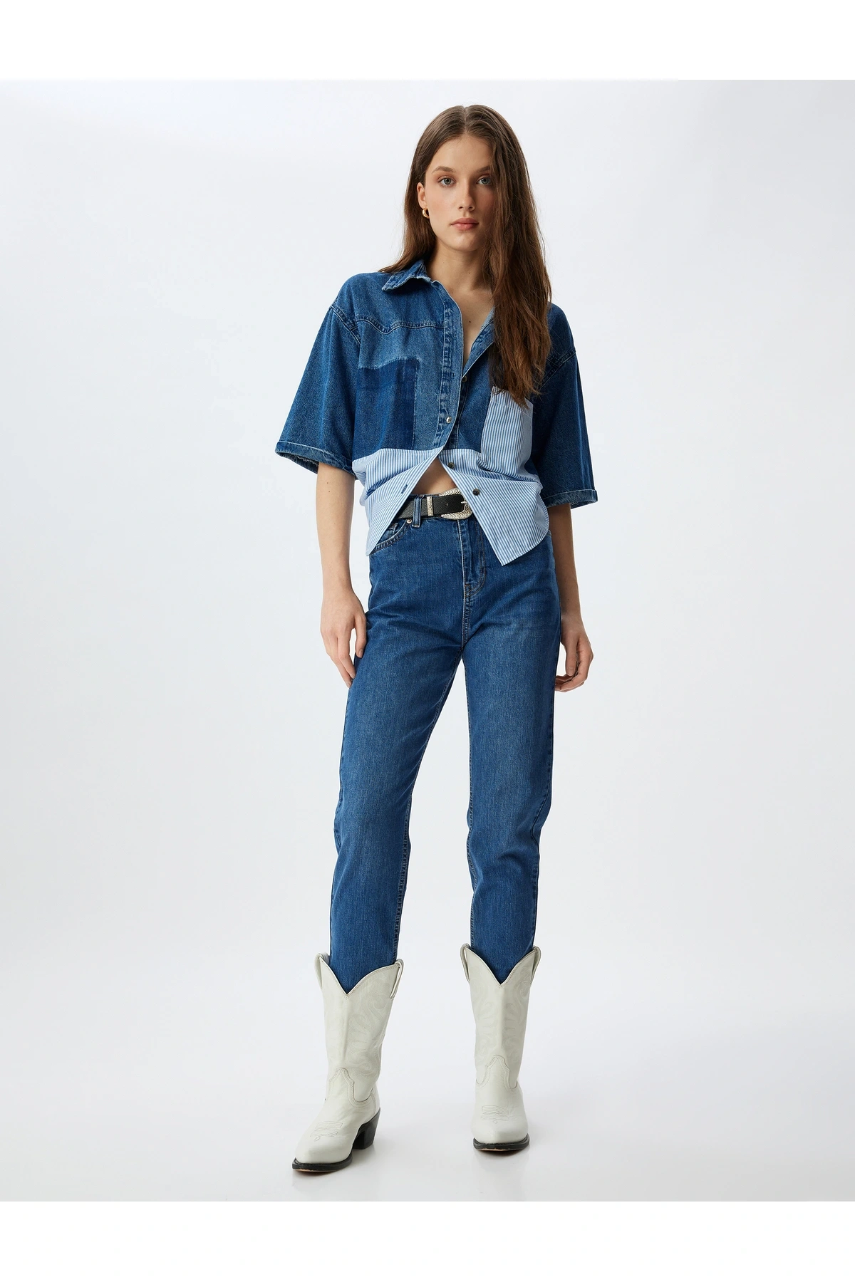 Yüksek Bel Kot Pantolon Düz Paça Düğmeli Cepli Pamuklu - Slim Straight Fit Jeans