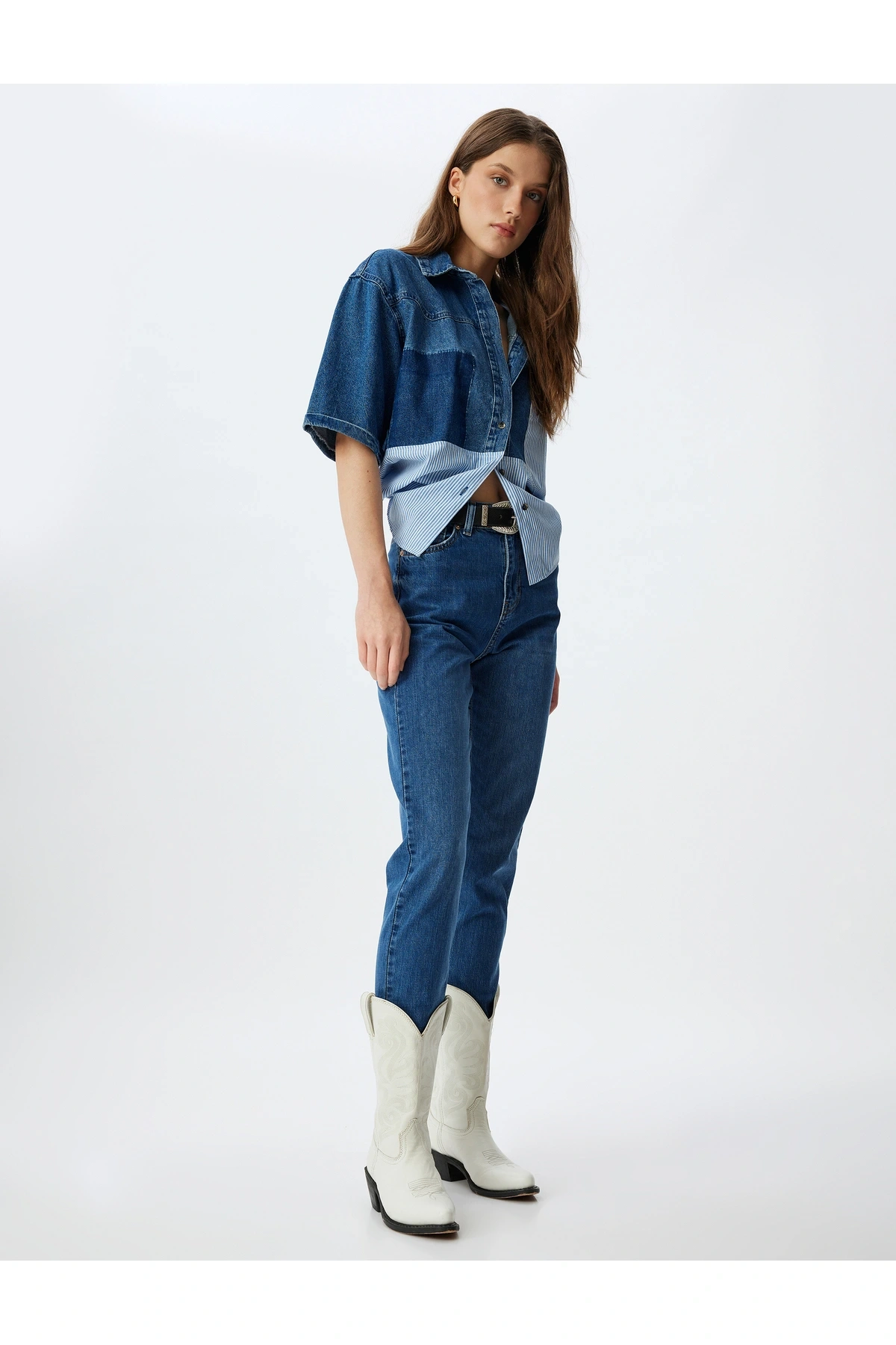 Yüksek Bel Kot Pantolon Düz Paça Düğmeli Cepli Pamuklu - Slim Straight Fit Jeans