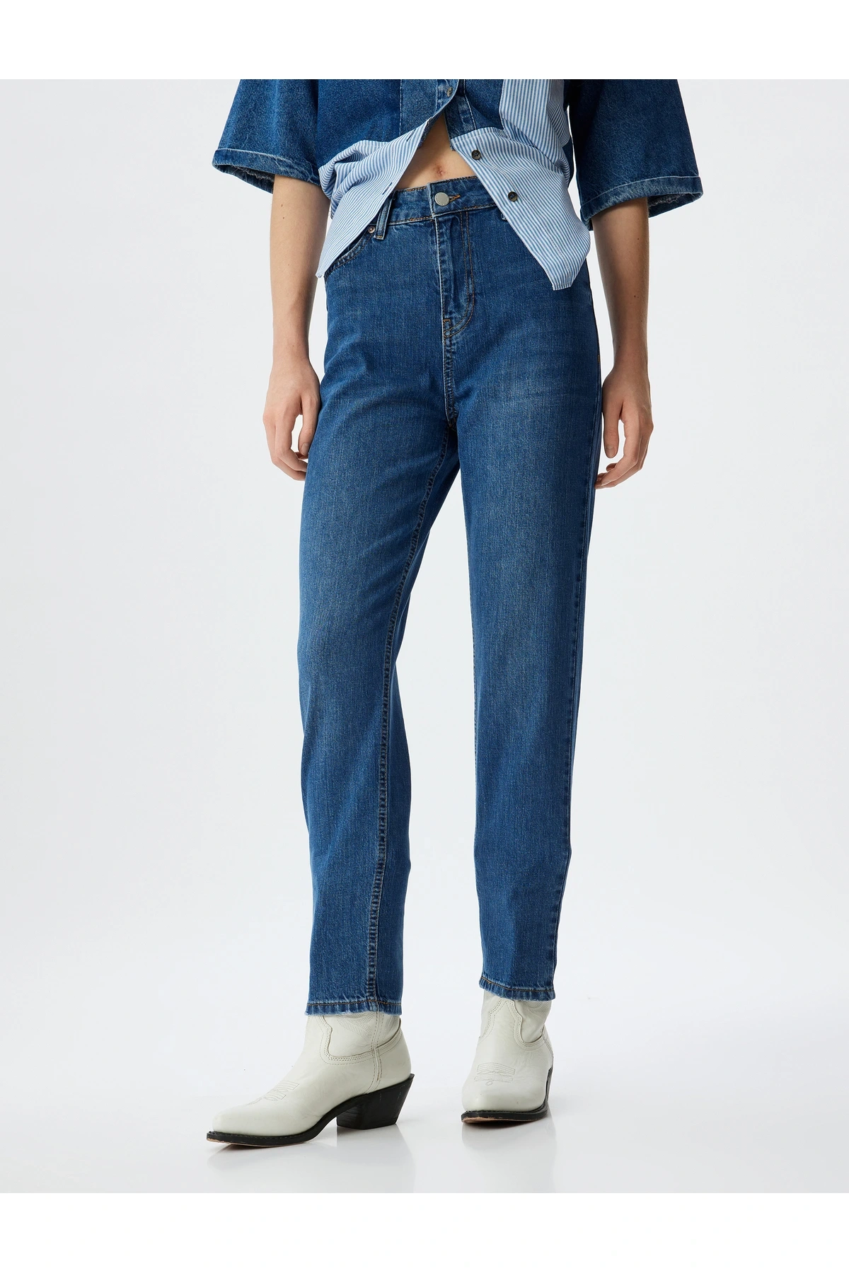 Yüksek Bel Kot Pantolon Düz Paça Düğmeli Cepli Pamuklu - Slim Straight Fit Jeans
