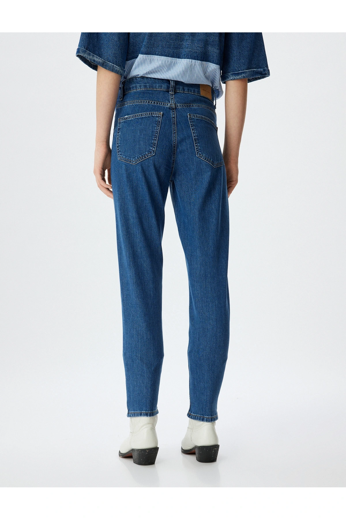 Yüksek Bel Kot Pantolon Düz Paça Düğmeli Cepli Pamuklu - Slim Straight Fit Jeans