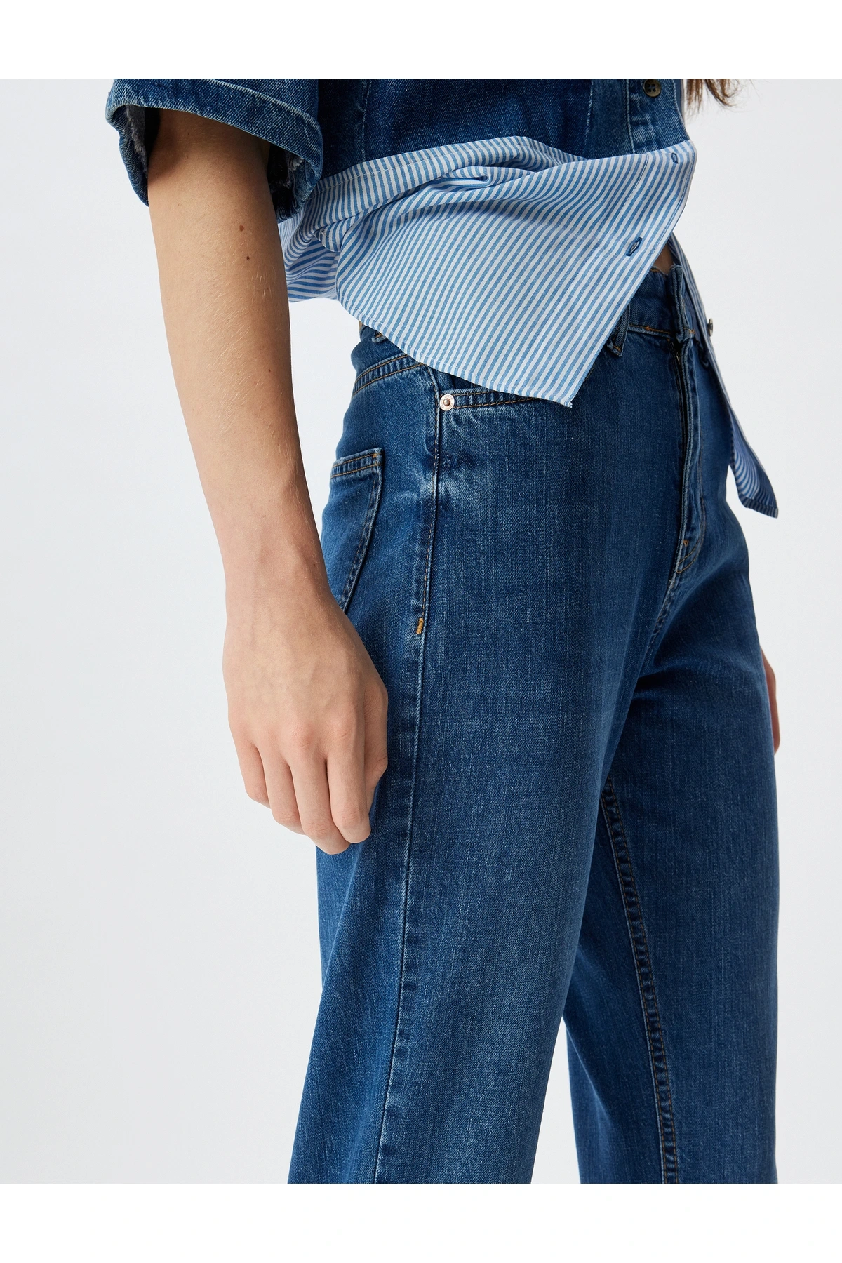 Yüksek Bel Kot Pantolon Düz Paça Düğmeli Cepli Pamuklu - Slim Straight Fit Jeans