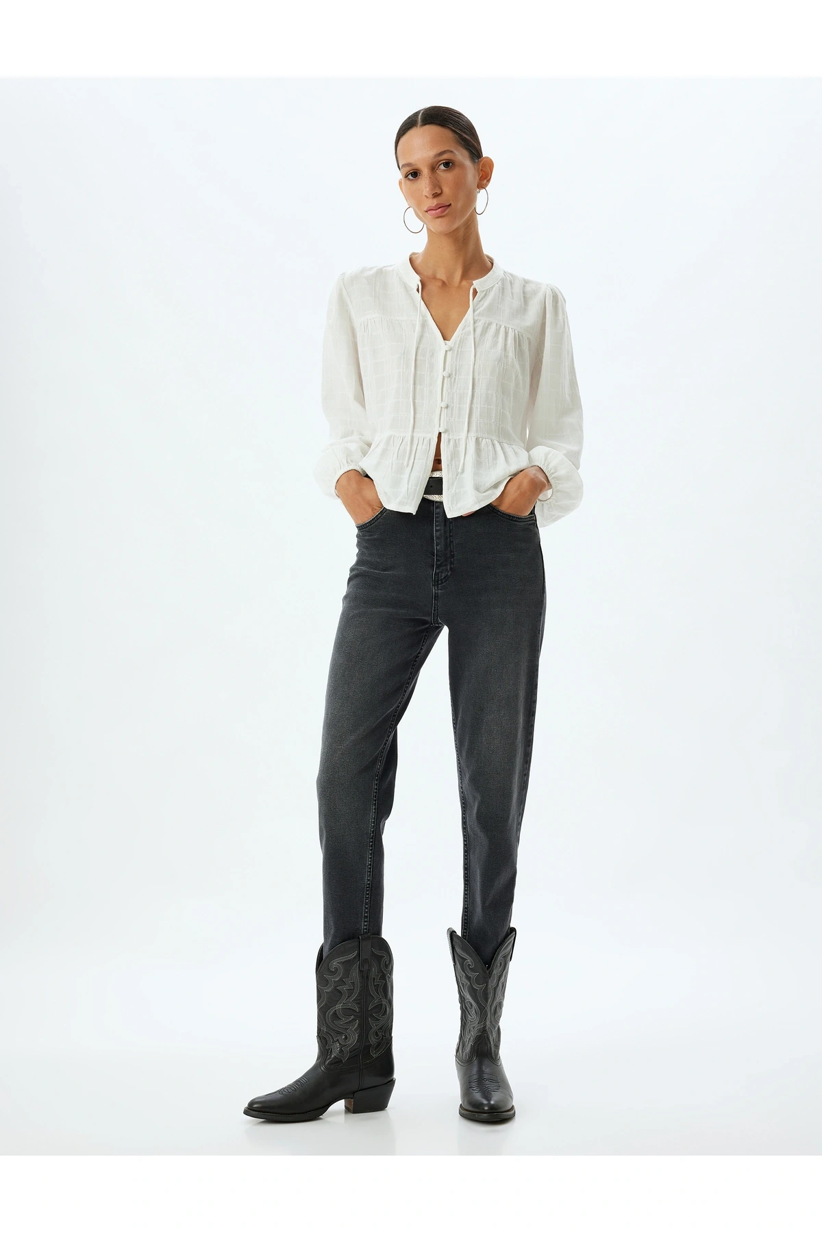 Yüksek Bel Kot Pantolon Slim Fit Düğmeli Pamuklu - Slim Fit Jean
