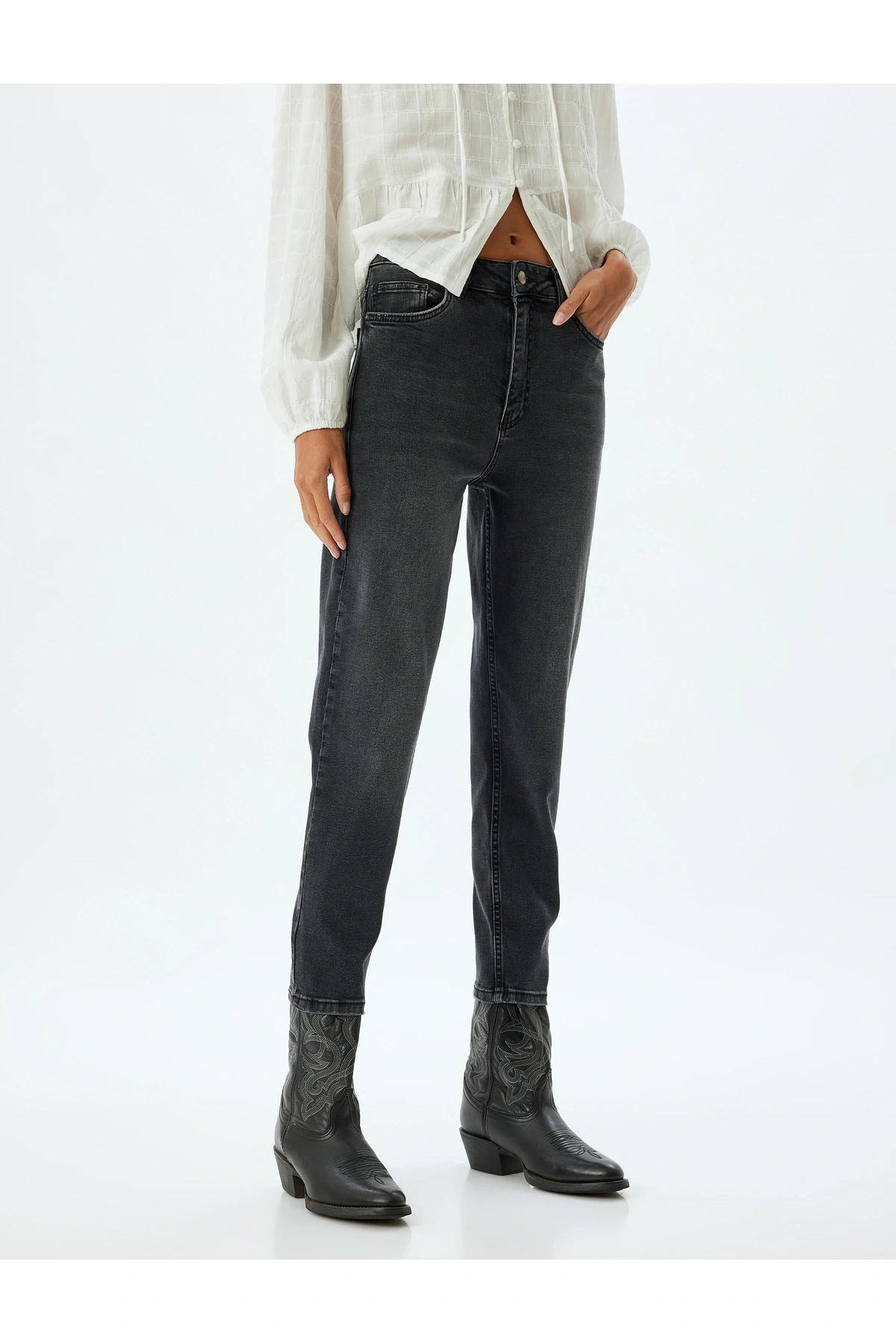 Yüksek Bel Kot Pantolon Slim Fit Düğmeli Pamuklu - Slim Fit Jean