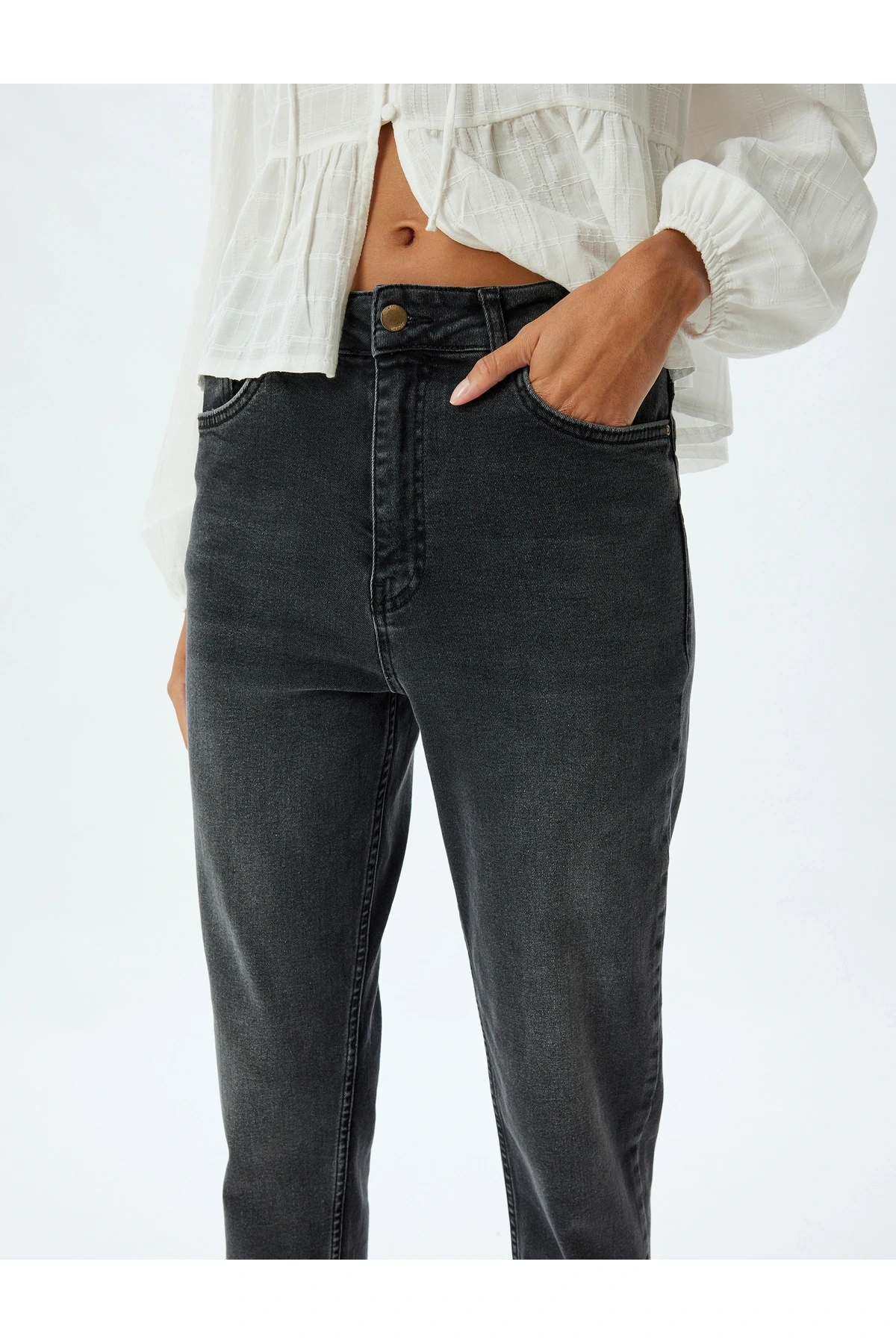 Yüksek Bel Kot Pantolon Slim Fit Düğmeli Pamuklu - Slim Fit Jean