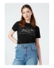 Pamuk Bisiklet Yaka Kısa Kollu Standart Fit Baskılı Siyah Kadınt-shirt