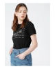 Pamuk Bisiklet Yaka Kısa Kollu Standart Fit Baskılı Siyah Kadınt-shirt