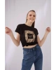 Bisiklet Yaka Kısa Kol Cepsiz Baskılı Siyah Kadın T-shirt
