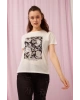 Bisiklet Yaka Skinny Fit Baskılı Bej Kadın T-shirt