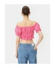 Omzu Açık Fırfırlı Bluz Crop Kısa Kollu Büzgülü Gofre Kumaş