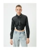Deri Görünümlü Gömlek Crop Korse Detaylı Uzun Kollu Düğmeli Slim Fit