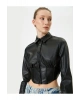 Deri Görünümlü Gömlek Crop Korse Detaylı Uzun Kollu Düğmeli Slim Fit