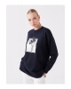 Bisiklet Yaka Baskılı Uzun Kollu Oversize Kadın Sweatshirt Tunik