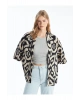 Şal Yaka Desenli Oversize Keten Karışımlı Kadın Kimono