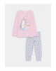 LCW Kids Pembe Bisiklet Yaka Baskılı Uzun Kollu Kız Çocuk Pijama Takımı