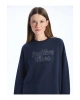 Bisiklet Yaka Taş Baskılı Uzun Kollu Oversize Kadın Sweatshirt Tunik