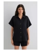 Mavi Dokulu Siyah Gömlek Loose Fit / Bol Rahat Kesim
