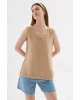 Fashion Friends V Yaka Keten Bej Kadın Bluz
