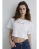 Mavi Baskılı Beyaz Crop Tişört Regular Fit / Normal Kesim