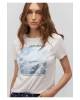 Mavi Çiçek Baskılı Beyaz Tişört Slim Fit / Dar Kesim