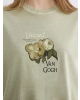 LCW Vision Haki Bisiklet Yaka Van Gogh Baskılı Kadın Tişört