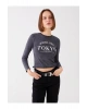 Bisiklet Yaka Baskılı Uzun Kollu Kadın Crop