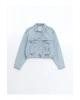 LCW Vision İndigo Gömlek Yaka Oversize Crop Kadın Jean Ceket