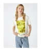 Kadın Ekru Baskılu Bisiklet Yaka Pamuklu T-Shirt