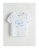 LCW Kids Beyaz Bisiklet Yaka Fiyonk Baskılı Kız Çocuk Crop Tişört