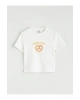 LCW Kids Ekru Bisiklet Yaka Frankfurt Baskılı Kız Çocuk Crop Tişört