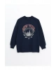 LCW Modest Lacivert Bisiklet Yaka Baskılı Oversize Kadın Sweatshirt Tunik