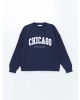 LCW Vision Lacivert Bisiklet Yaka Baskılı Oversize Kadın Kalın Sweatshirt