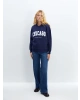 LCW Vision Lacivert Bisiklet Yaka Baskılı Oversize Kadın Kalın Sweatshirt