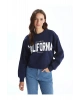 LCW Vision Lacivert Bisiklet Yaka Baskılı Oversize Kadın Sweatshirt