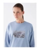 LCWAIKIKI Basic Mat Mavi Bisiklet Yaka Baskılı Uzun Kollu Oversize Kadın Sweatshirt Tunik
